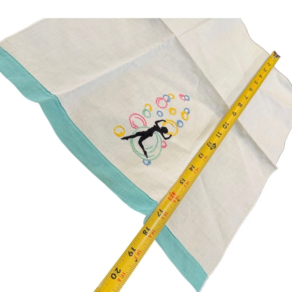 VTG Hand Embroidery‎ Guest Towel Circus Juggler Silhouette Aqua Trim Mid Century